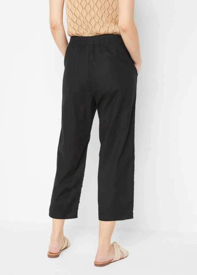 3/4 high-waisted linen trousers with comfortable belt Bpc Bonprix Collection, black