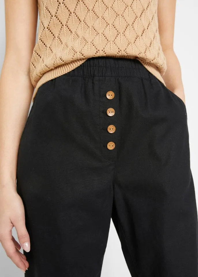 3/4 high-waisted linen trousers with comfortable belt Bpc Bonprix Collection, black