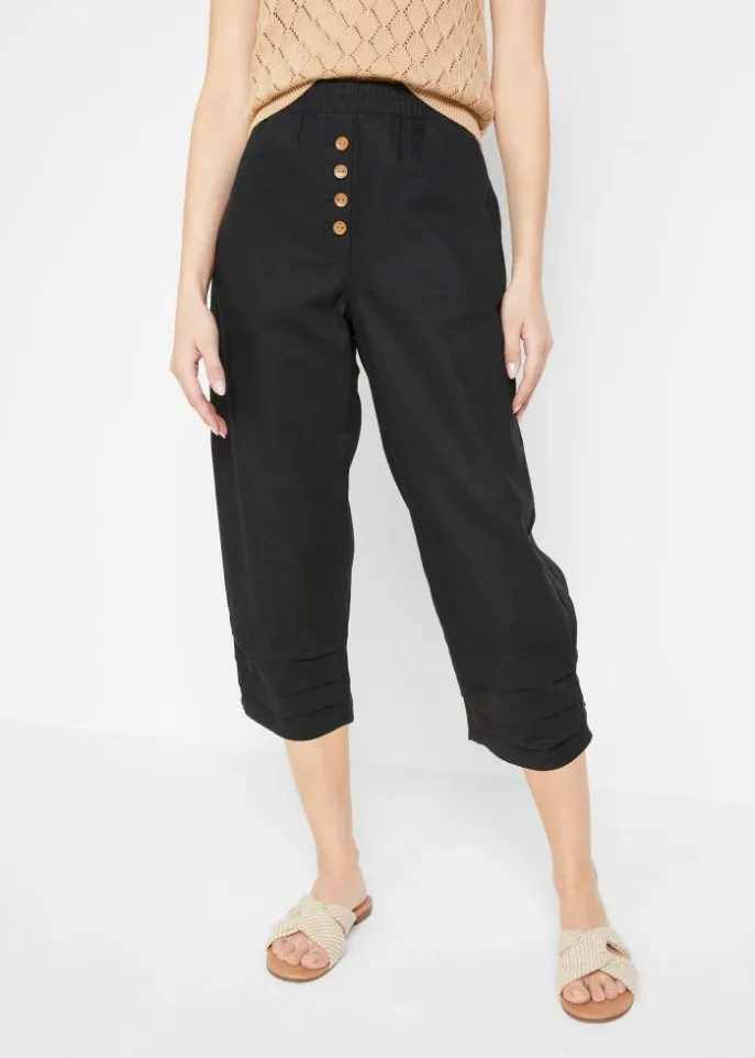 3/4 high-waisted linen trousers with comfortable belt Bpc Bonprix Collection, black