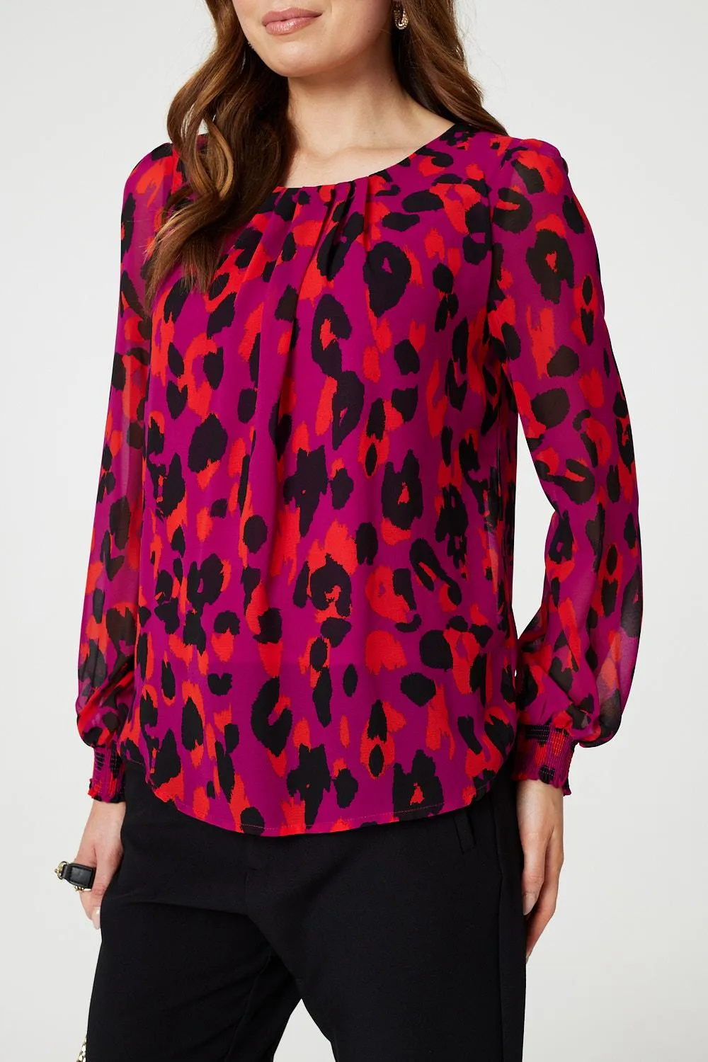 Animal Print Long Sleeve Ruched Blouse