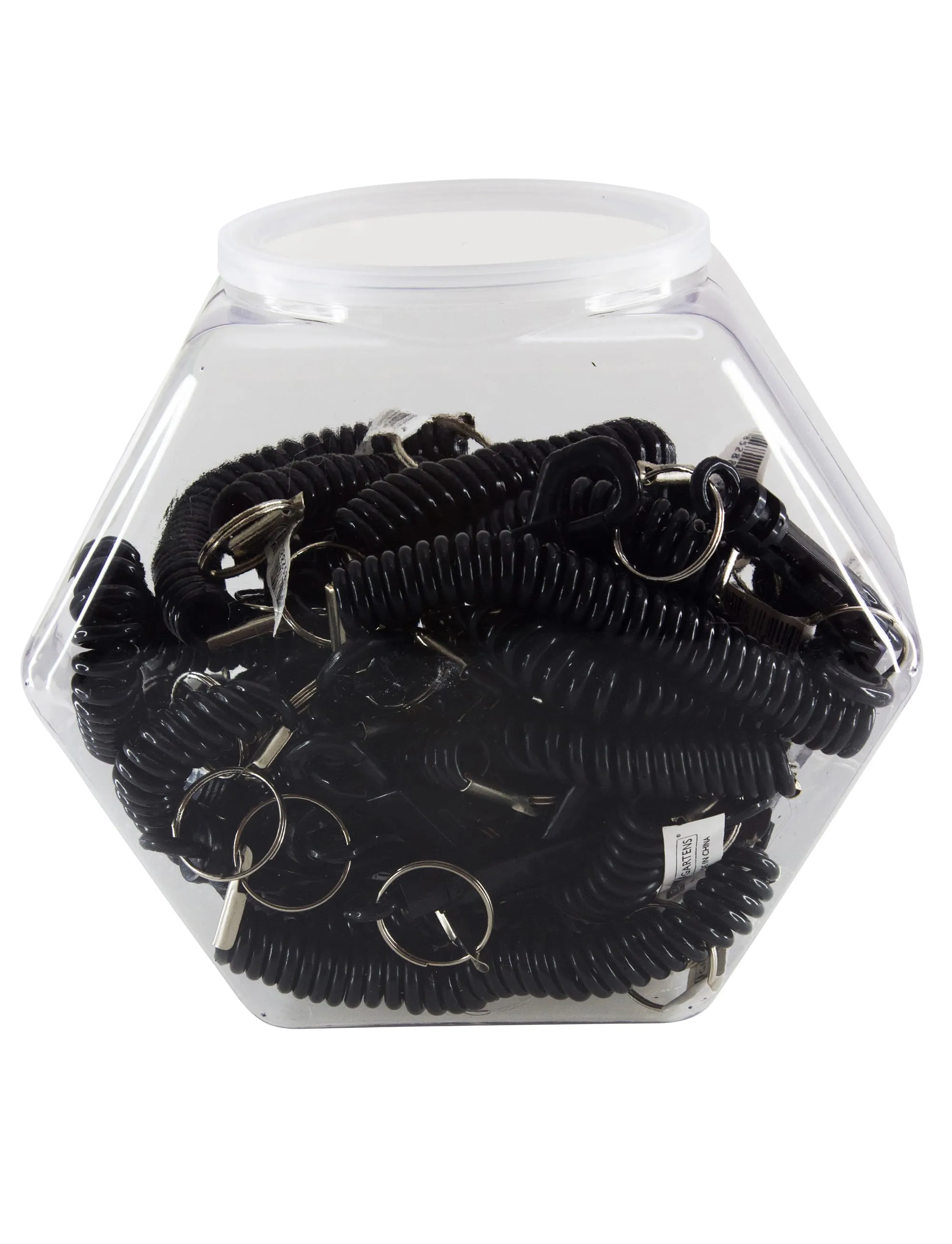 Baumgartens Wrist Coil and Clip Keychains Key Ring Hexagonal Tub Display of 25 BLACK (67329)