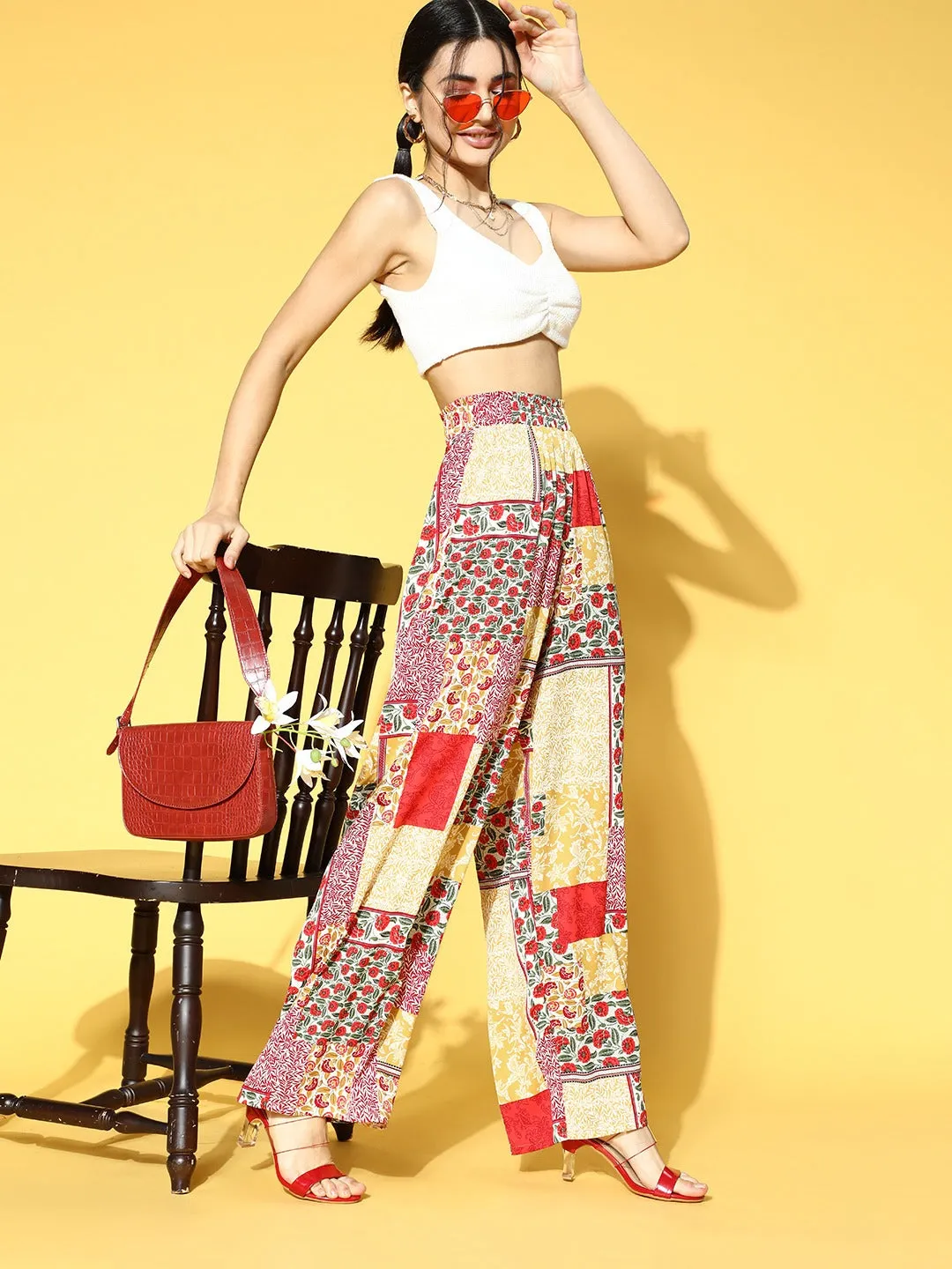 Berrylush Women Red & Yellow Ethnic Motifs Print Flare Fit High-Rise Waist Plain Trousers