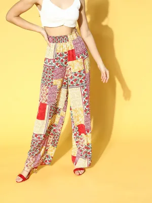 Berrylush Women Red & Yellow Ethnic Motifs Print Flare Fit High-Rise Waist Plain Trousers