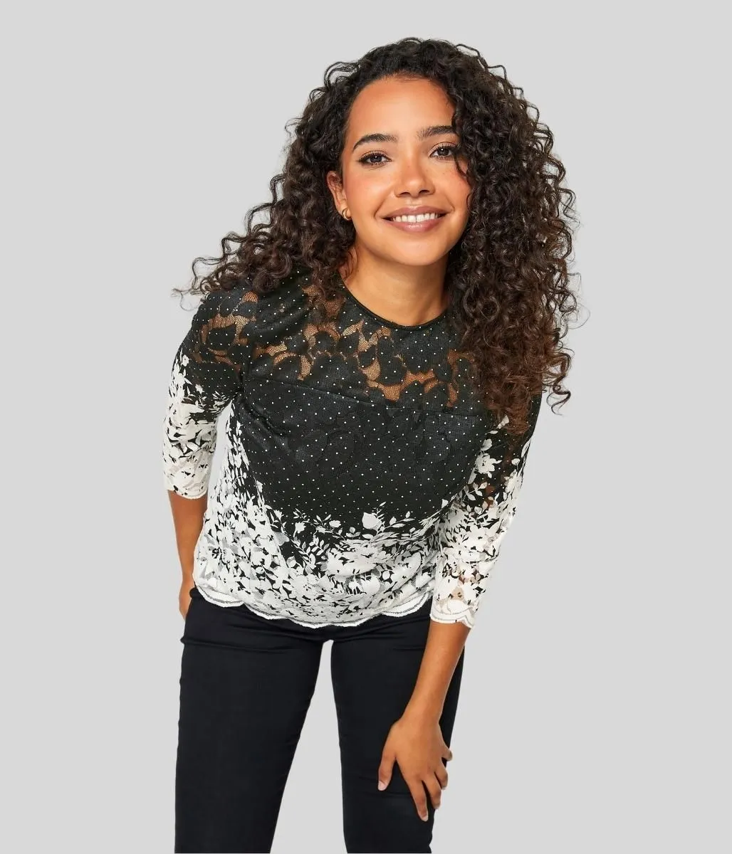 Black & White Floral Lace Overlay Top