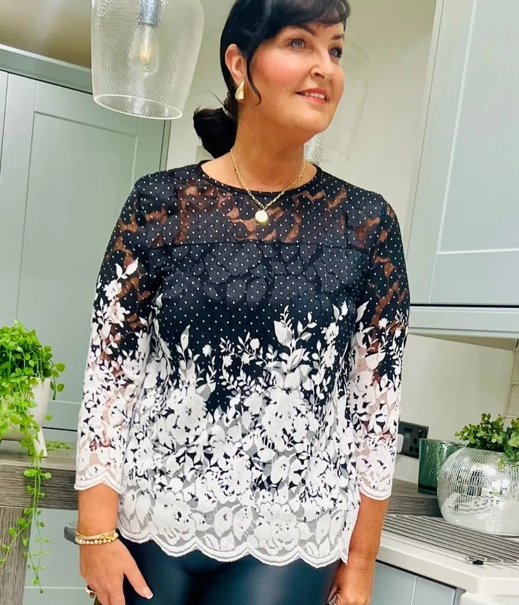 Black & White Floral Lace Overlay Top