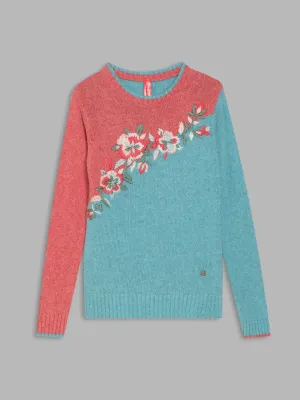 Blue Giraffe Girls Multicolor Embroidered Round Neck Full Sleeves Pullover Style Sweater