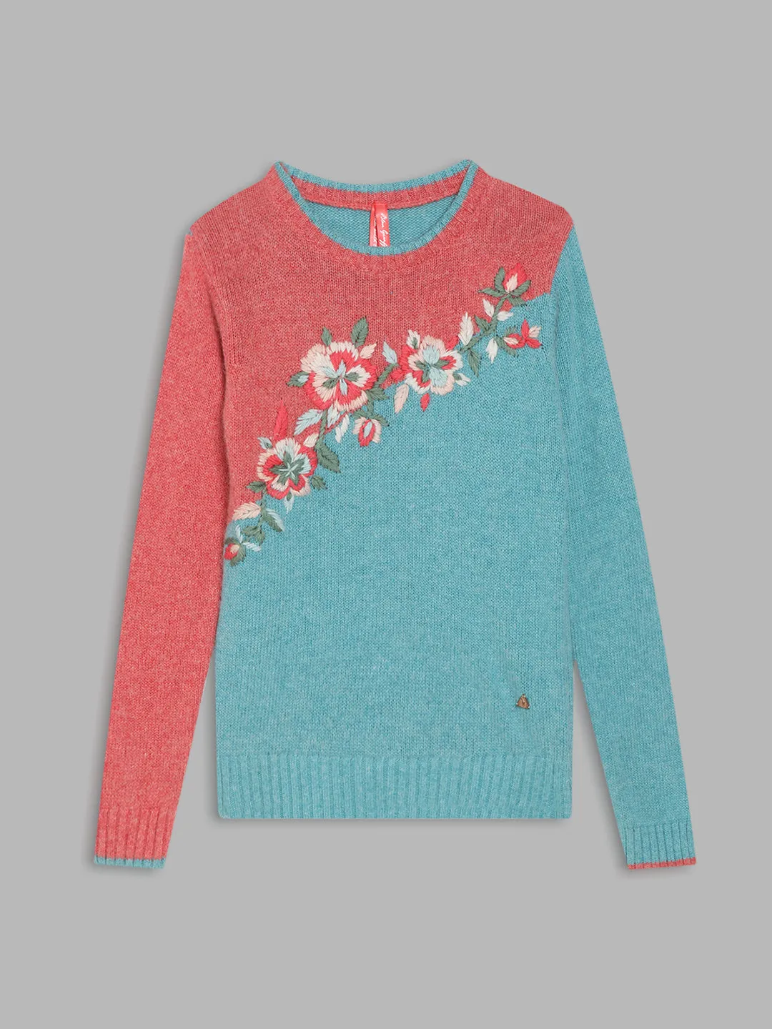 Blue Giraffe Girls Multicolor Embroidered Round Neck Full Sleeves Pullover Style Sweater