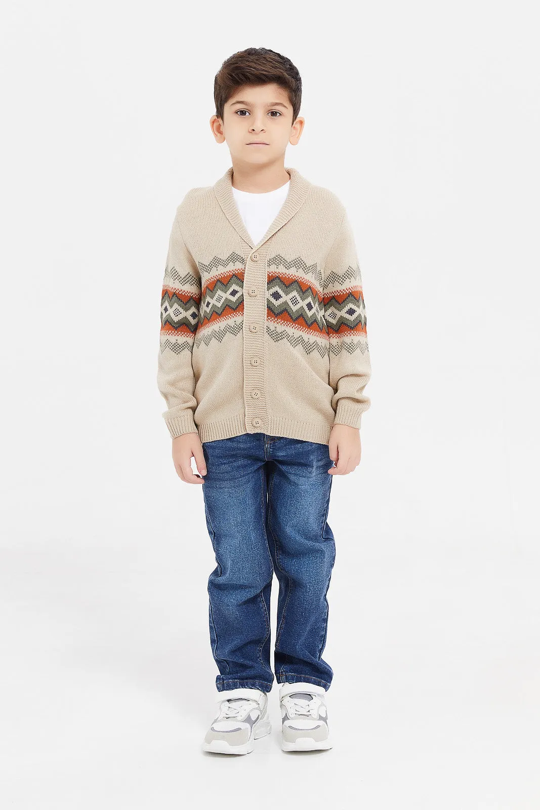 Boys Beige Shawl Neck Cardigan