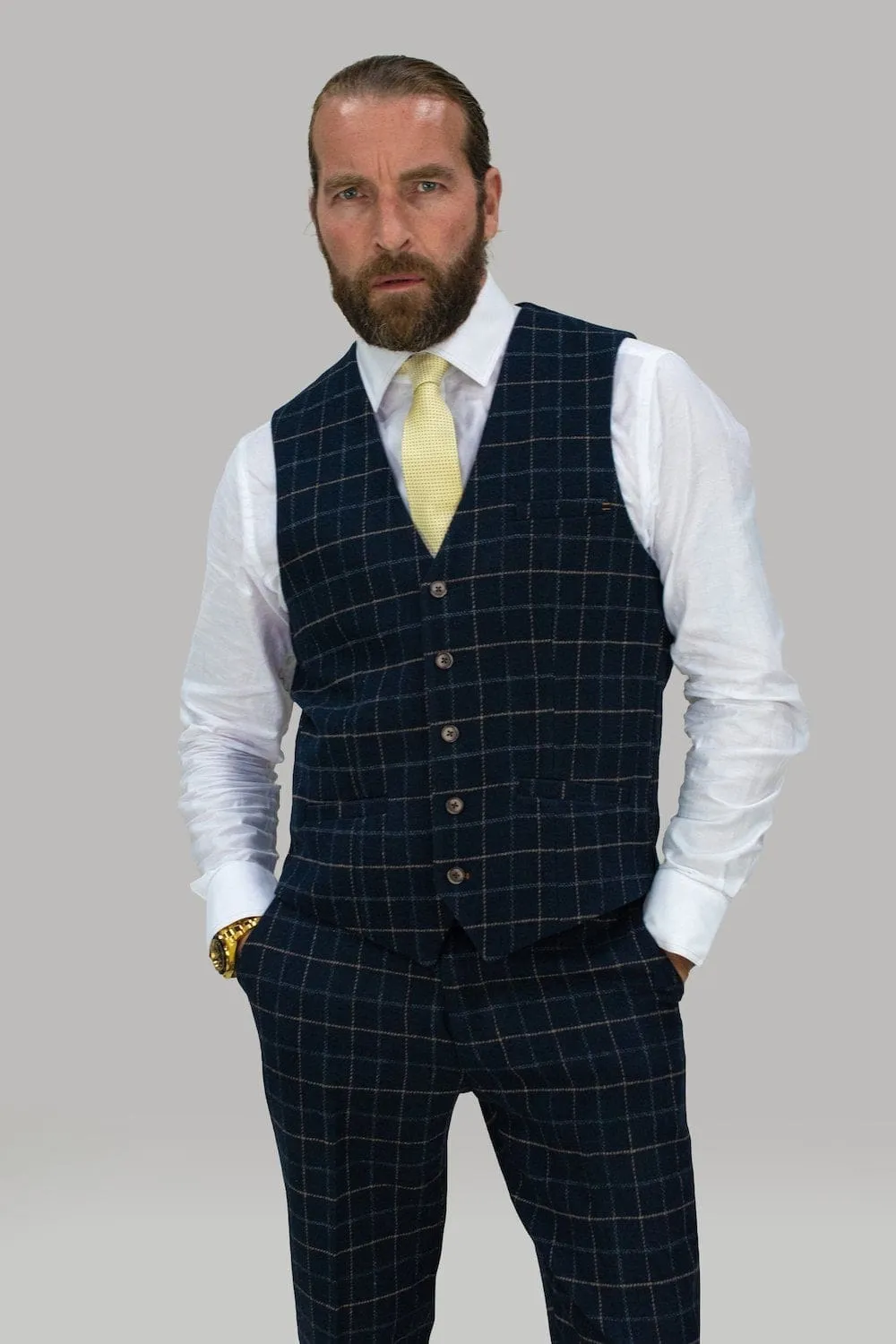 Cavani Shelby Navy Check Tweed Waistcoat