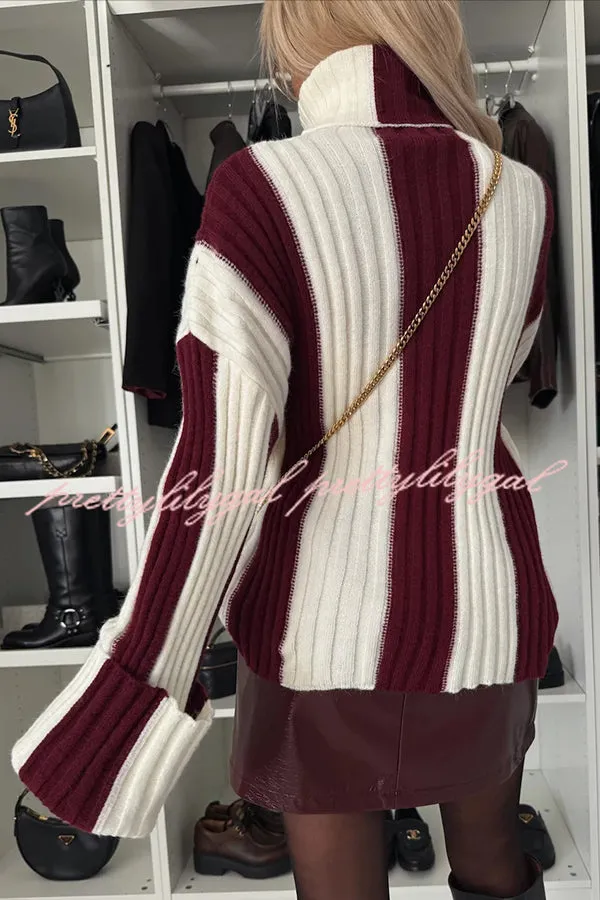 Comfort and Warmth Knit Color Block Long Sleeve Turtleneck Sweater