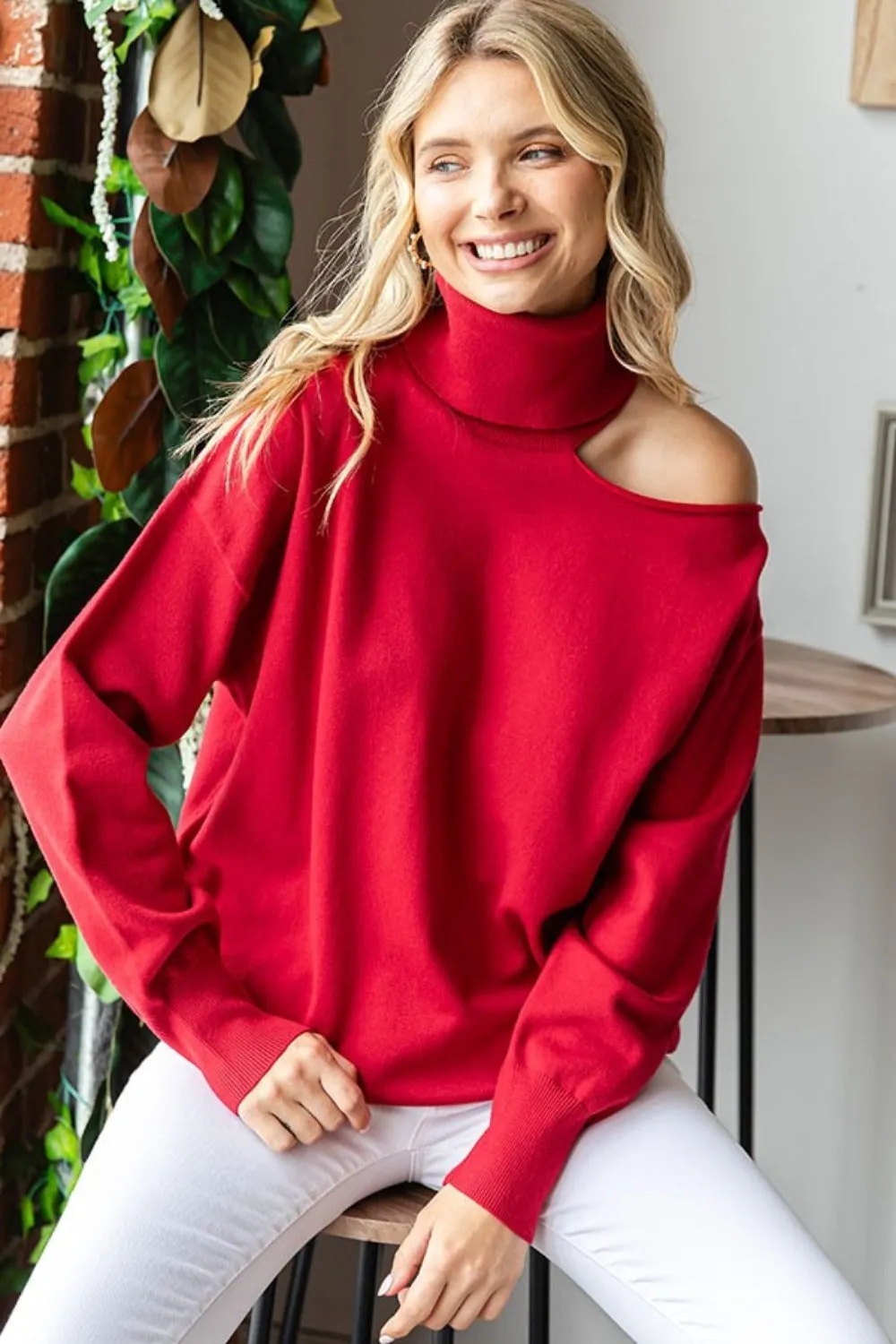 Cut Out Shoulder Turtleneck Sweater