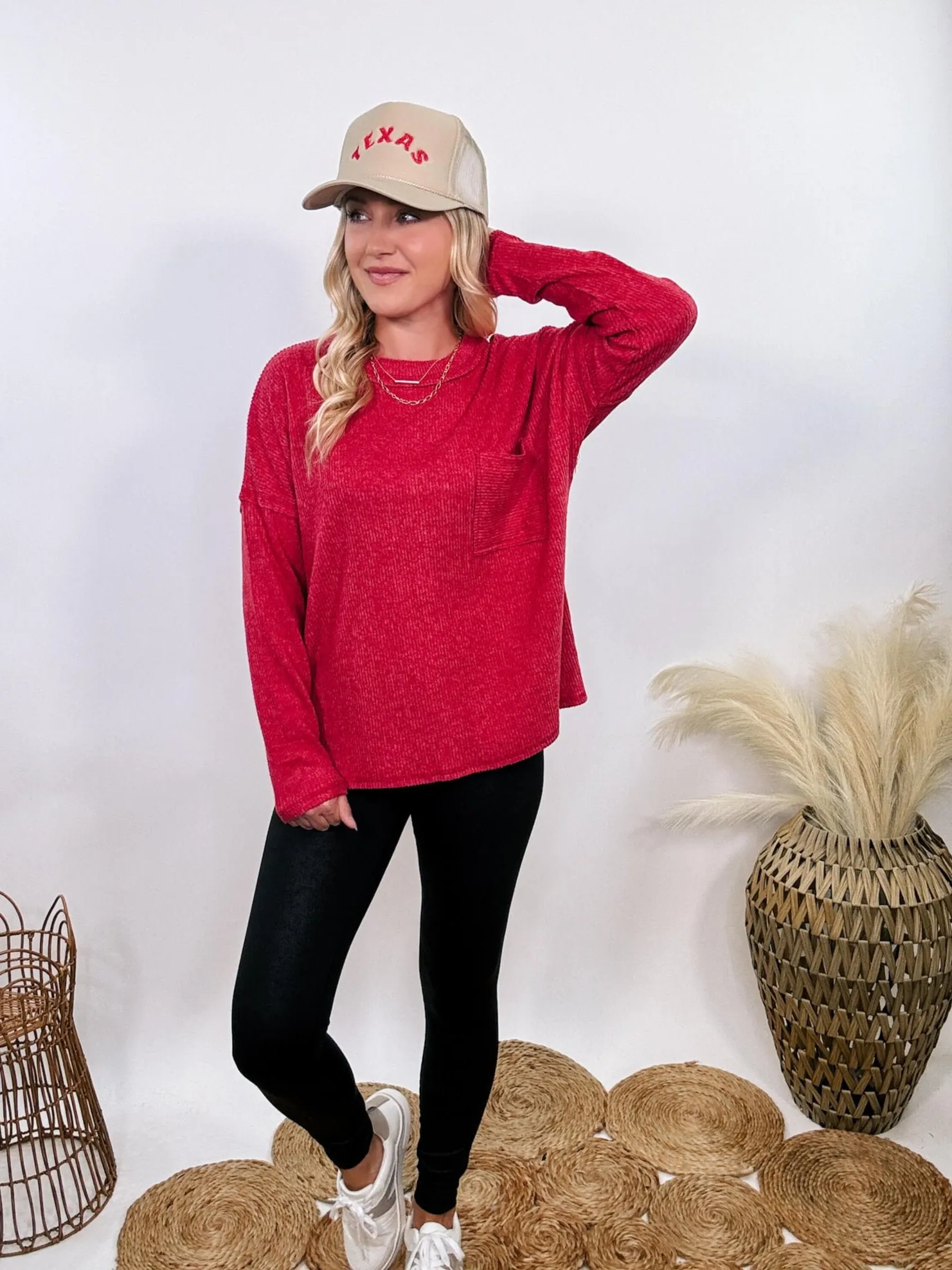 DOORBUSTER - Red Ribbed Brushed Melange Hacci Sweater