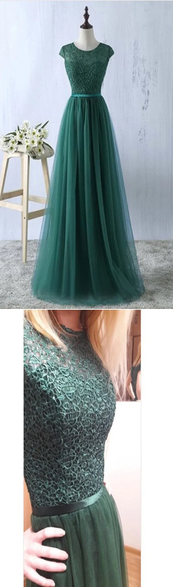 Elegant Cap Sleeve Round Neck Lace Tulle A-line Prom Dresses. DB071