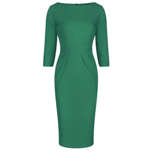 Emerald Green 3/4 Sleeve Pleated Bodycon Pencil Dress