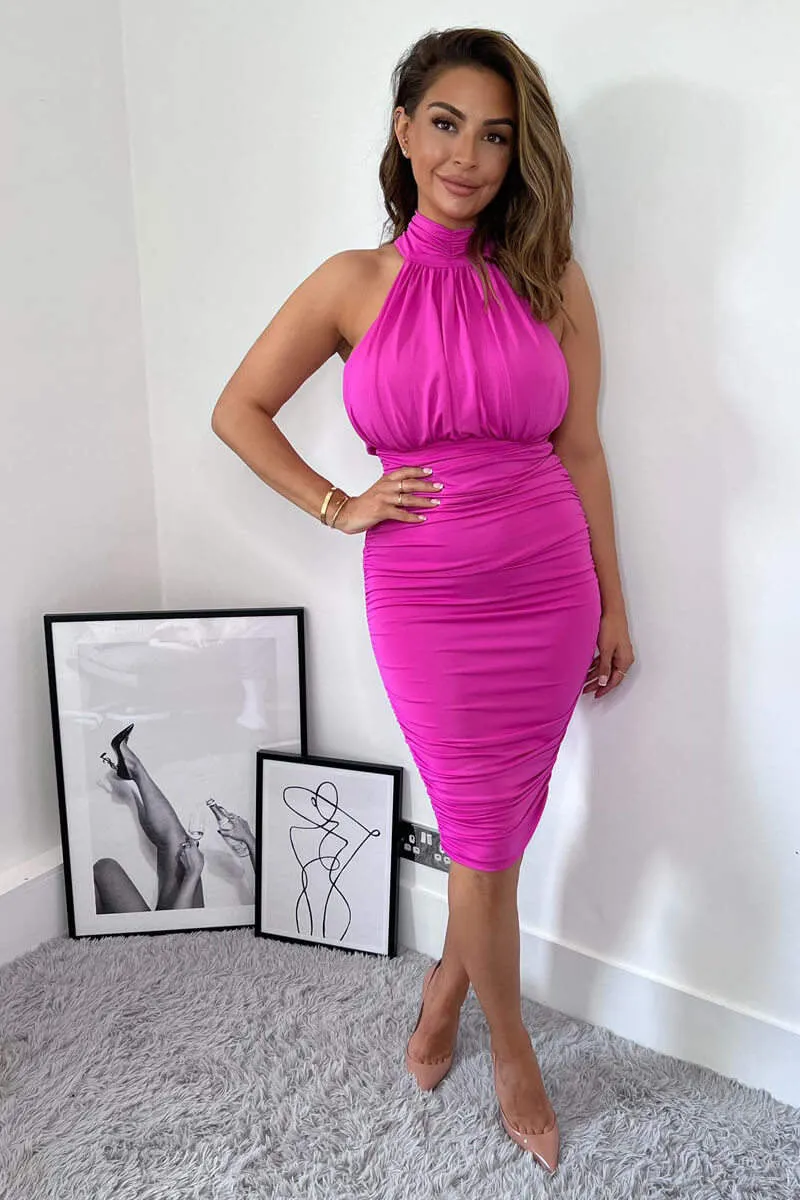 Faith Cerise Pink Ruched High Neck Midi Dress