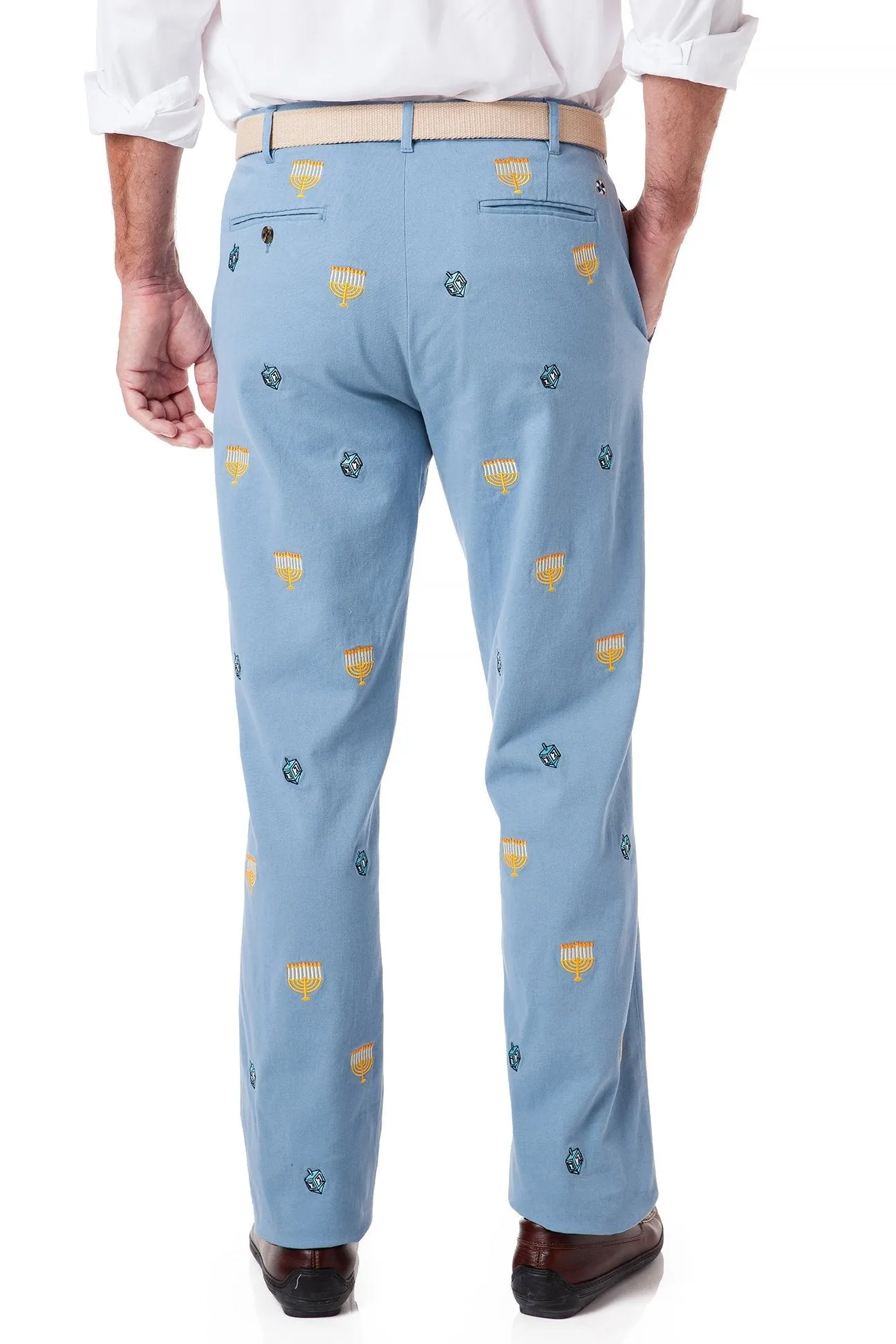 Harbor Pant Stretch Twill Storm Blue with Menorah & Dreidel