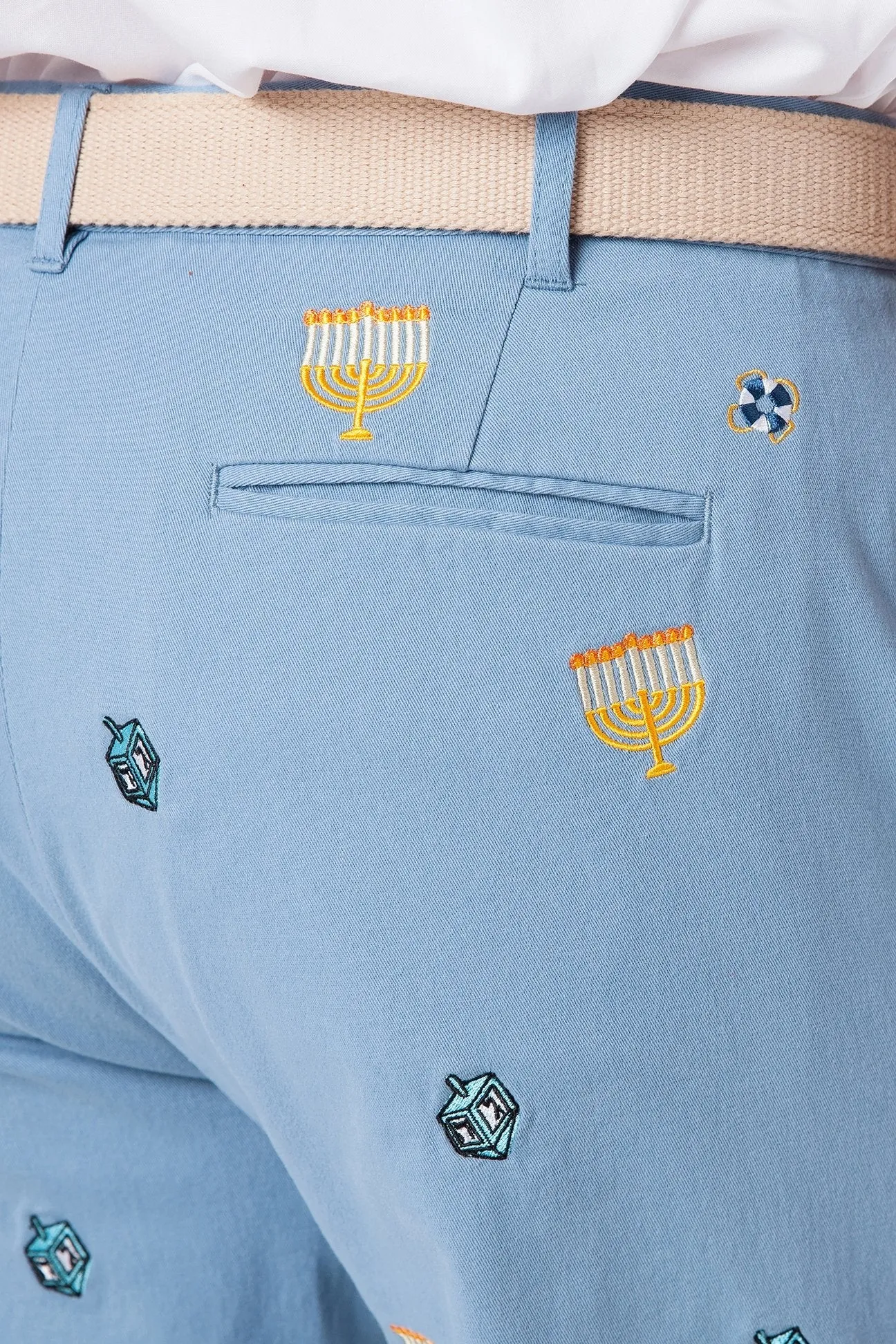 Harbor Pant Stretch Twill Storm Blue with Menorah & Dreidel