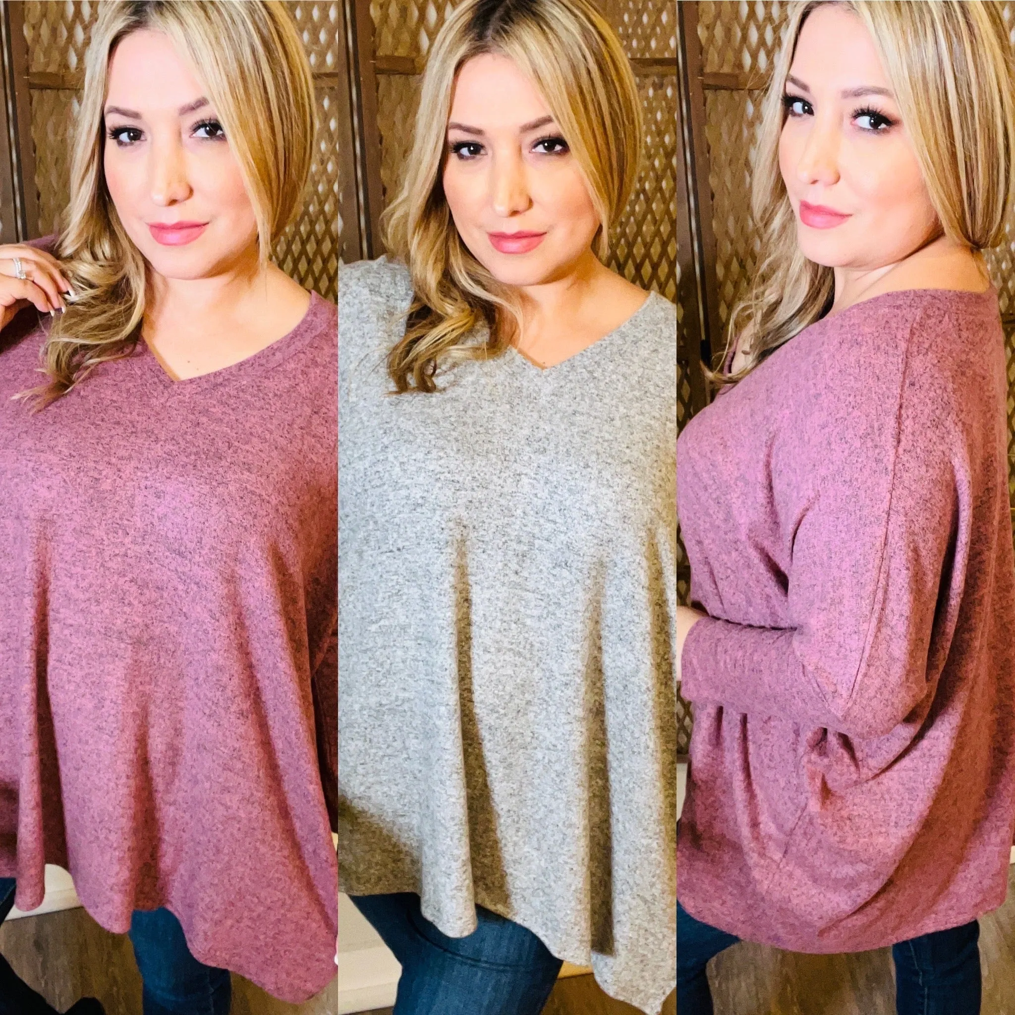 Mauve V Neck 3/4 Sleeve Tops