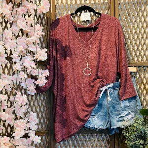 Mauve V Neck 3/4 Sleeve Tops