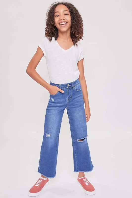 Medium Denim Girls Millie Elastic Back Wide Leg Fray Hem Jean