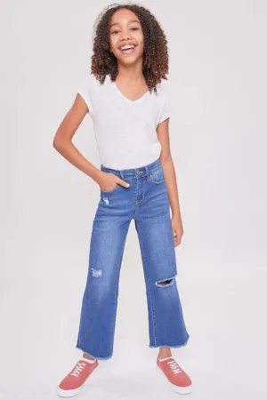 Medium Denim Girls Millie Elastic Back Wide Leg Fray Hem Jean