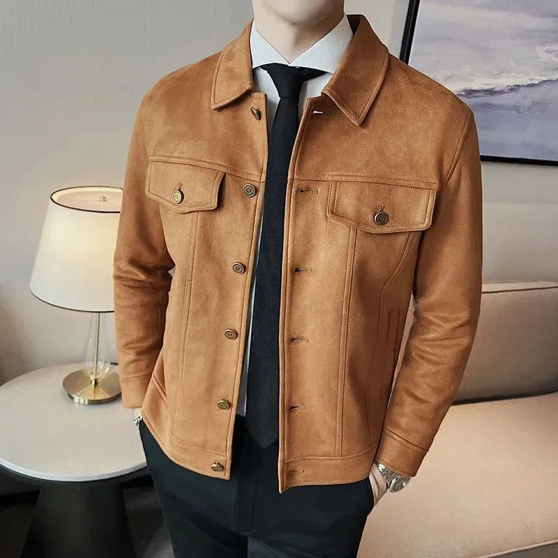 Men's Autumn Winter Suede Jacket – Slim Fit Thickened Lapel Coat for Casual Business & Streetwear