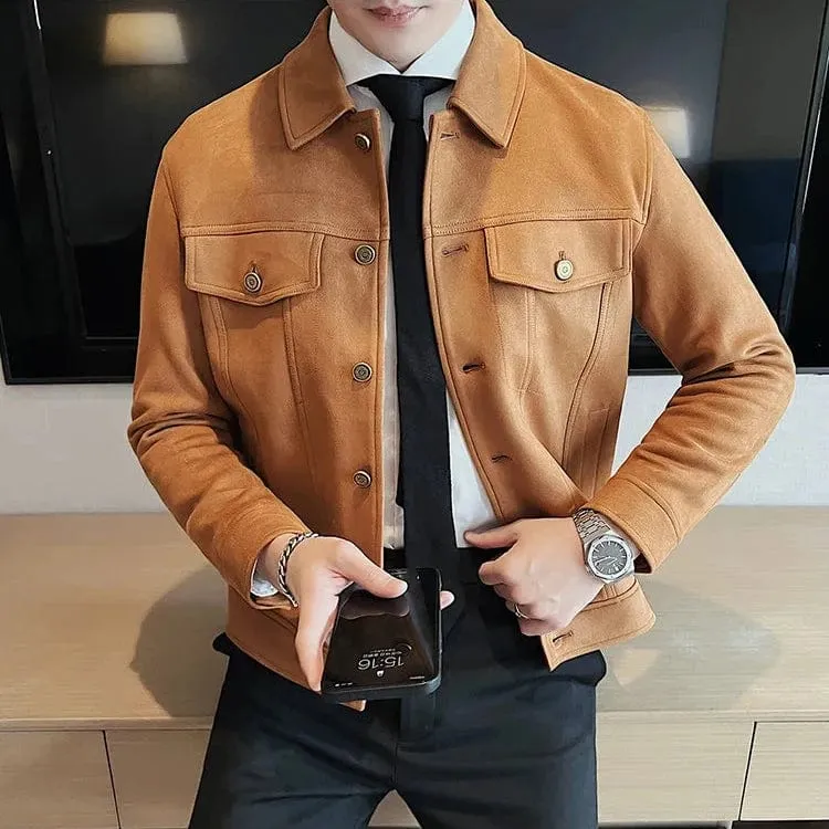 Men's Autumn Winter Suede Jacket – Slim Fit Thickened Lapel Coat for Casual Business & Streetwear