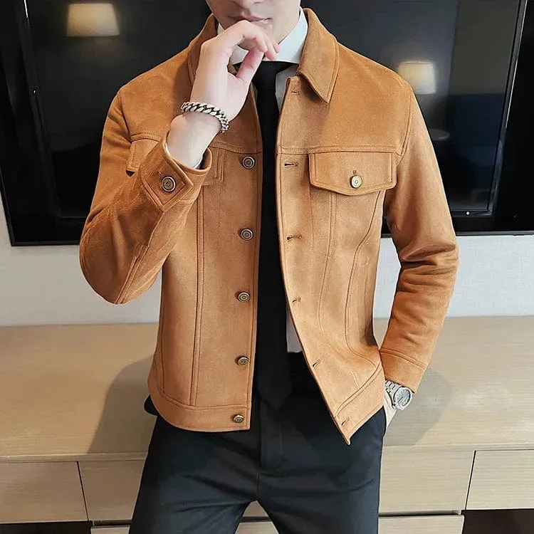 Men's Autumn Winter Suede Jacket – Slim Fit Thickened Lapel Coat for Casual Business & Streetwear