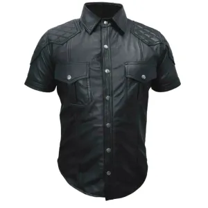 Mens Black Quilted Shoulder Leather Shirt