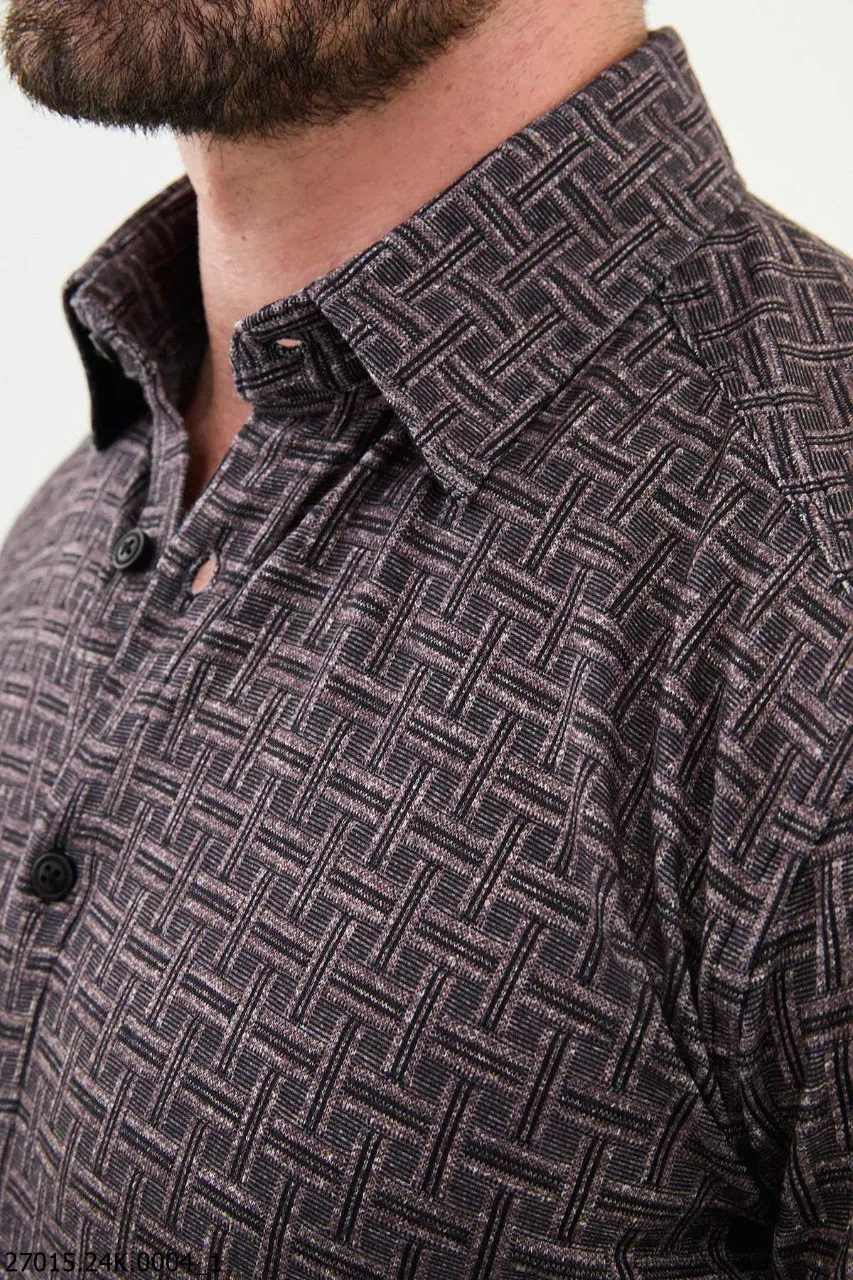 Men's Brown Patterned Long-Sleeve Shirt.