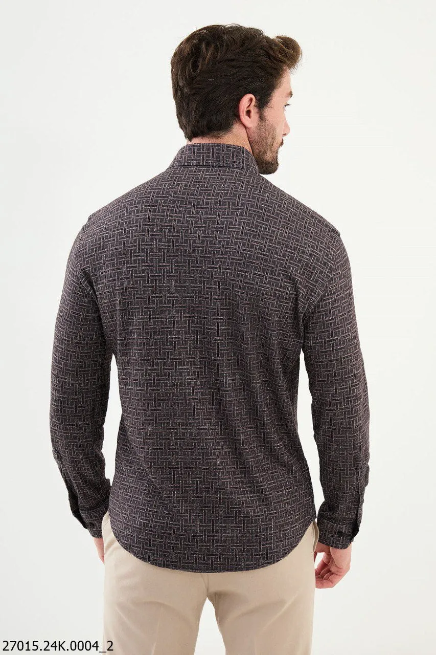 Men's Brown Patterned Long-Sleeve Shirt.