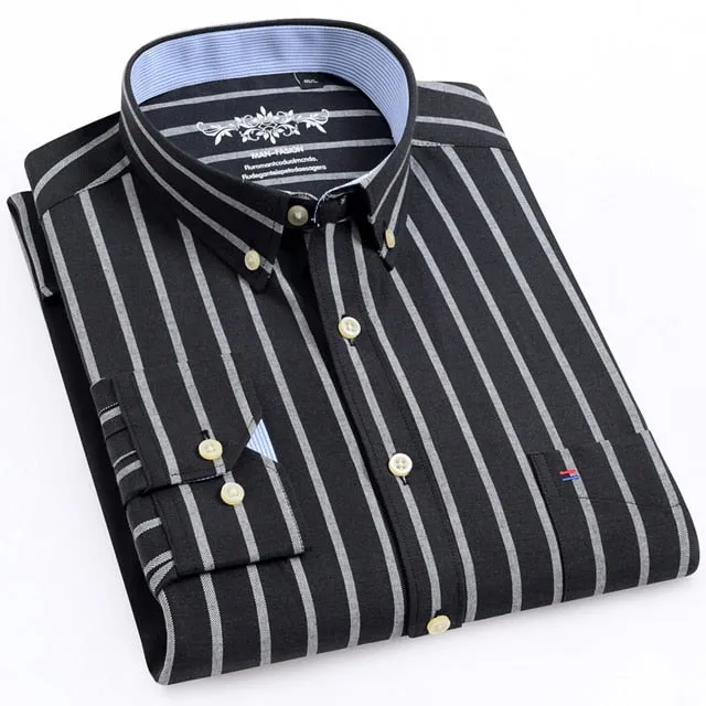 Men's Long Sleeve Oxford Plaid Striped Casual Shirt Front Patch Chest Pocket Regular-fit Button-down Collar Thick Work Shirts