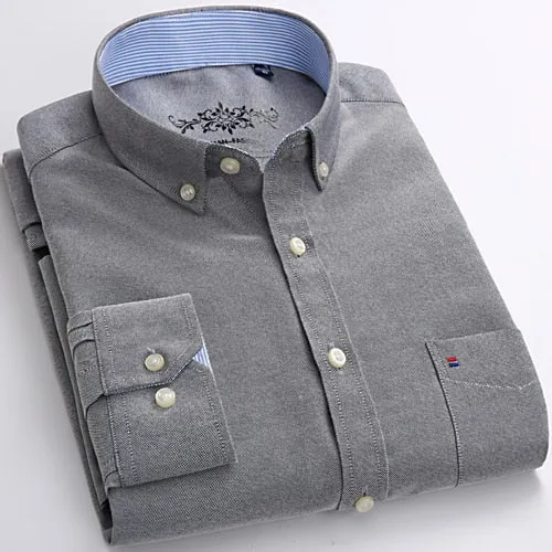 Men's Long Sleeve Oxford Plaid Striped Casual Shirt Front Patch Chest Pocket Regular-fit Button-down Collar Thick Work Shirts