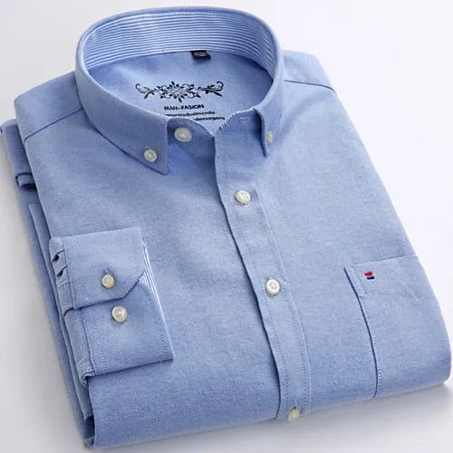 Men's Long Sleeve Oxford Plaid Striped Casual Shirt Front Patch Chest Pocket Regular-fit Button-down Collar Thick Work Shirts