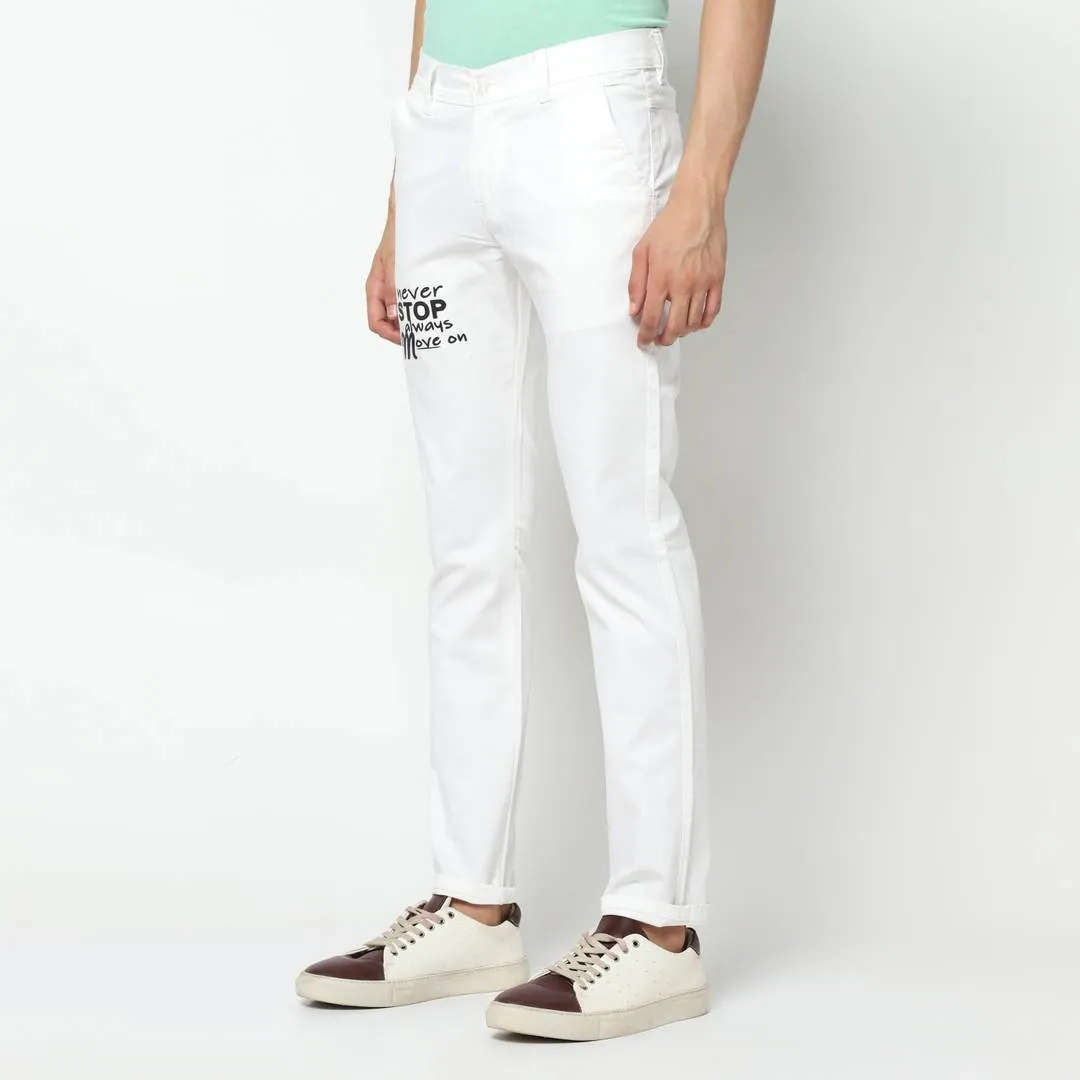 Men's White Slim Fit Printed Casual Trousers