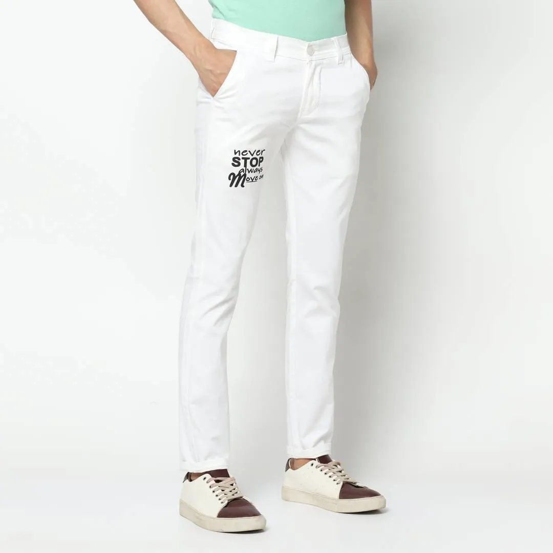 Men's White Slim Fit Printed Casual Trousers