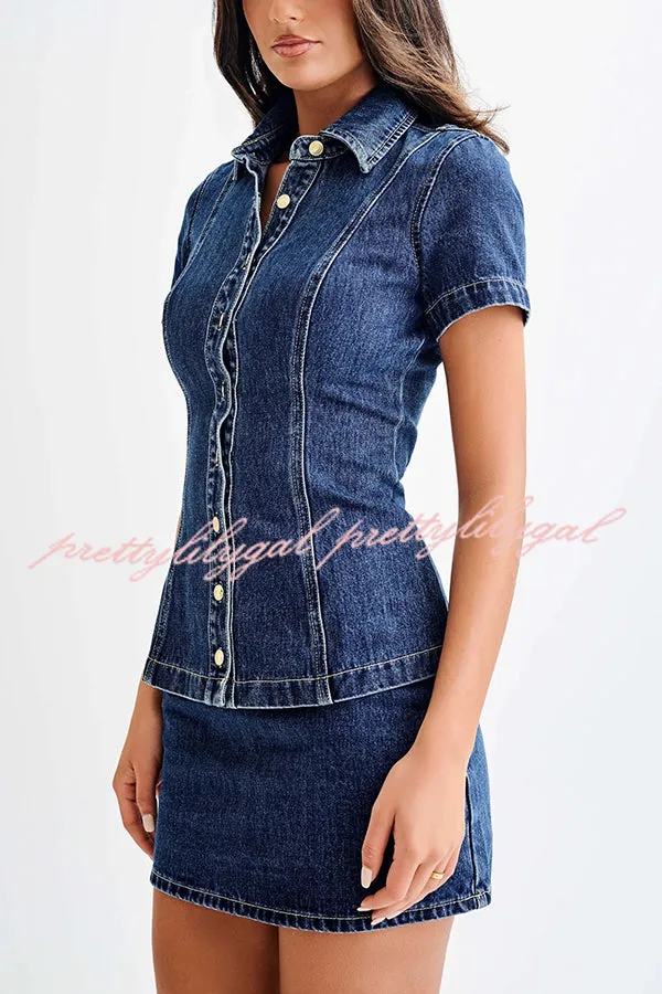 Modern Flavor Denim Short Sleeve Button Up Princess Seams Stretch Top