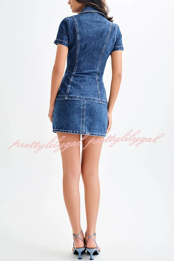 Modern Flavor Denim Short Sleeve Button Up Princess Seams Stretch Top