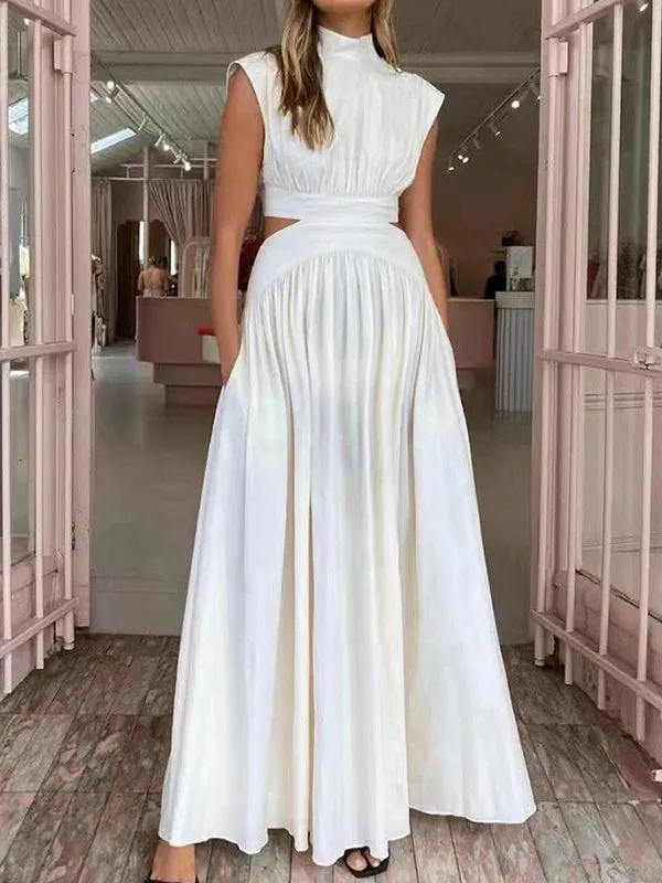 Momnfancy White Chic Cutout Bare Waist A-Line Flowy Ruffle Daily Babyshower Holiday Maternity Maxi Dress