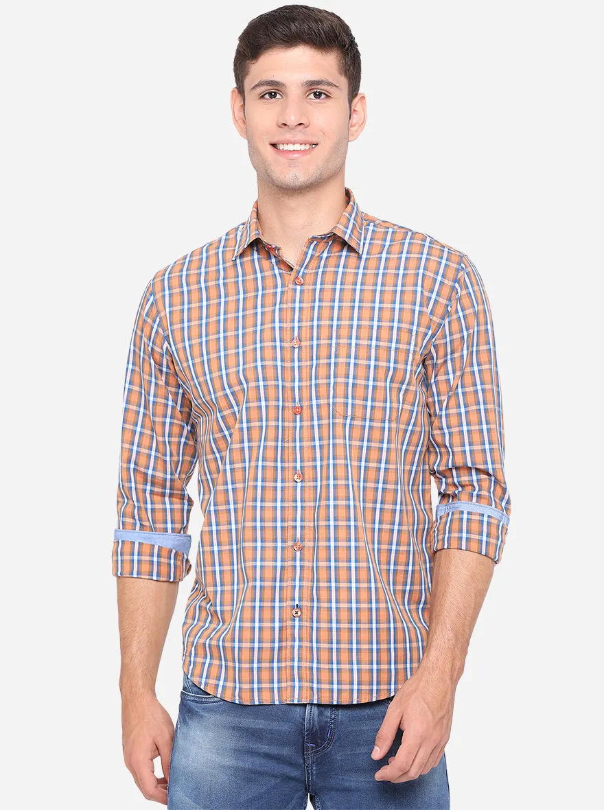 Peach & Sky Blue Checked Slim Fit Casual Shirt | Greenfibre