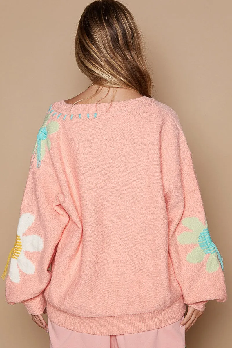 POL Floral Pattern Print Sweater in Pink Lemonade