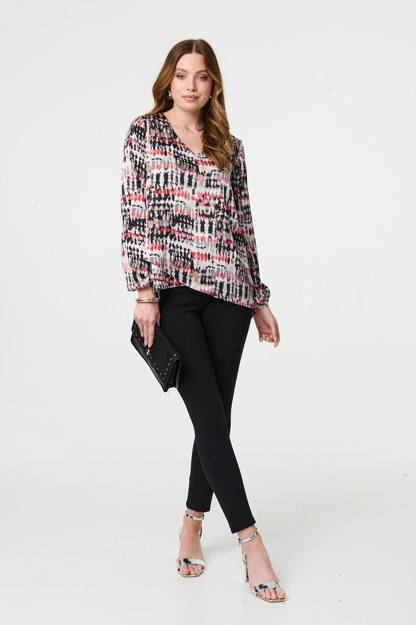 Printed Long Sleeve V-Neck Tunic Blouse