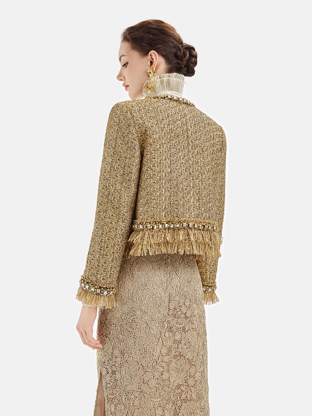 Regal Beaded Gold Tweed Fringe Jacket