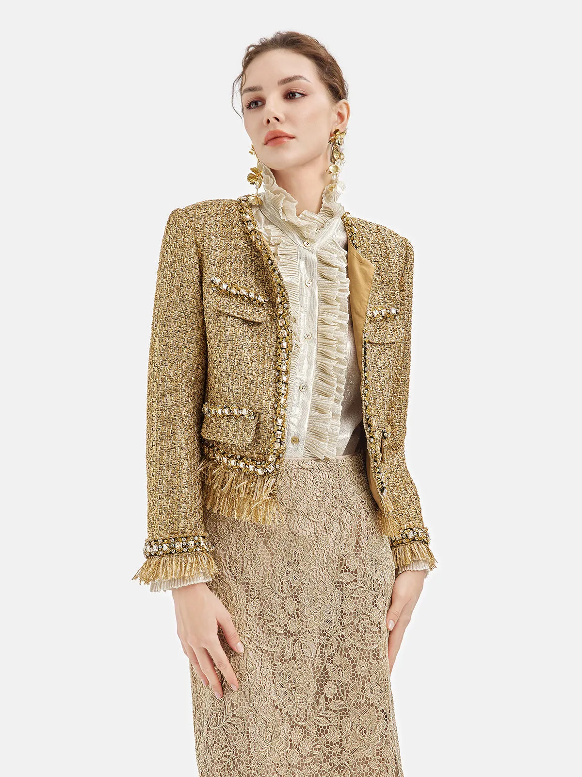 Regal Beaded Gold Tweed Fringe Jacket