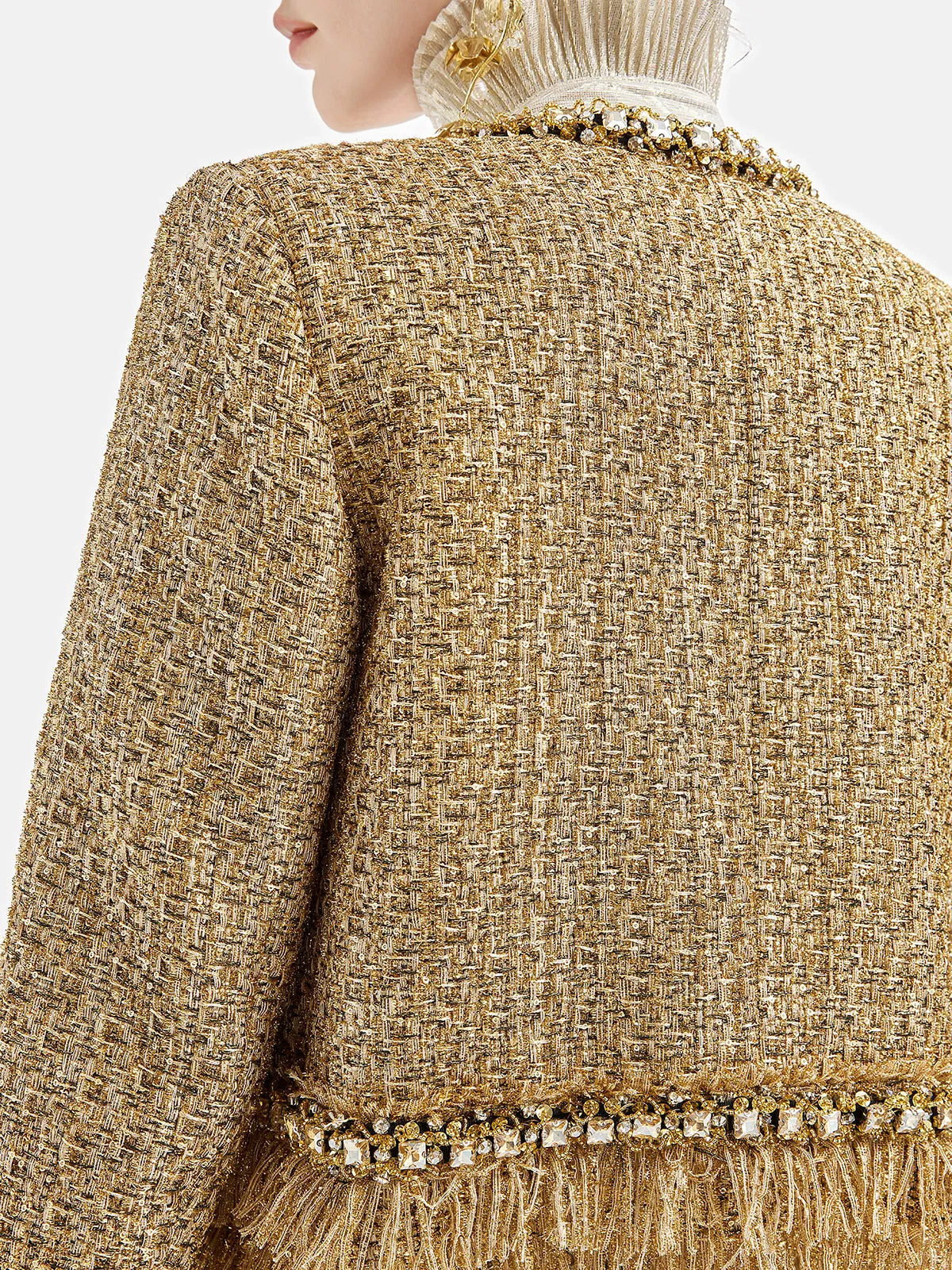 Regal Beaded Gold Tweed Fringe Jacket