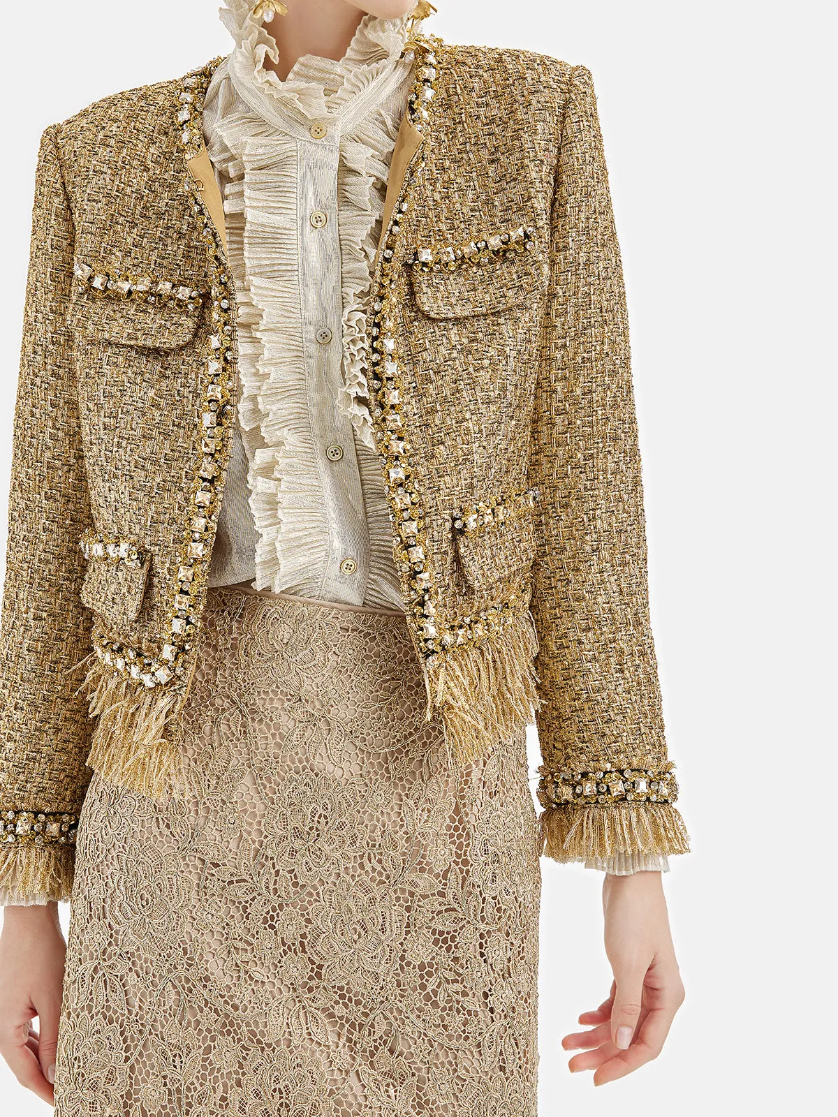 Regal Beaded Gold Tweed Fringe Jacket