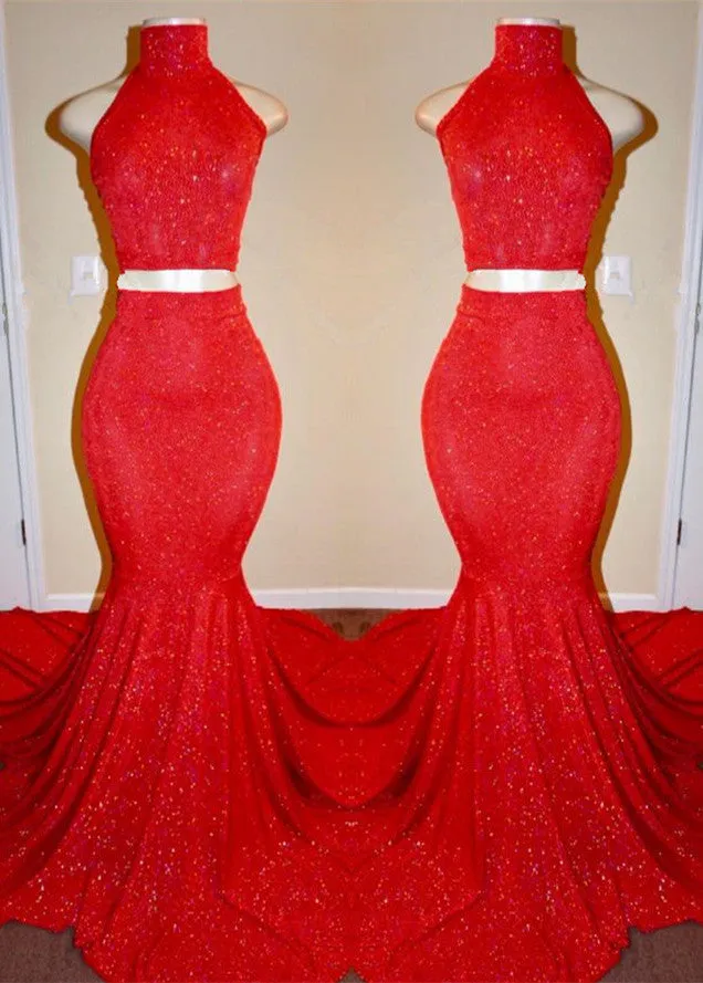 Sexy Red Two Pieces Prom Dresses | Mermaid Long Evening Gowns