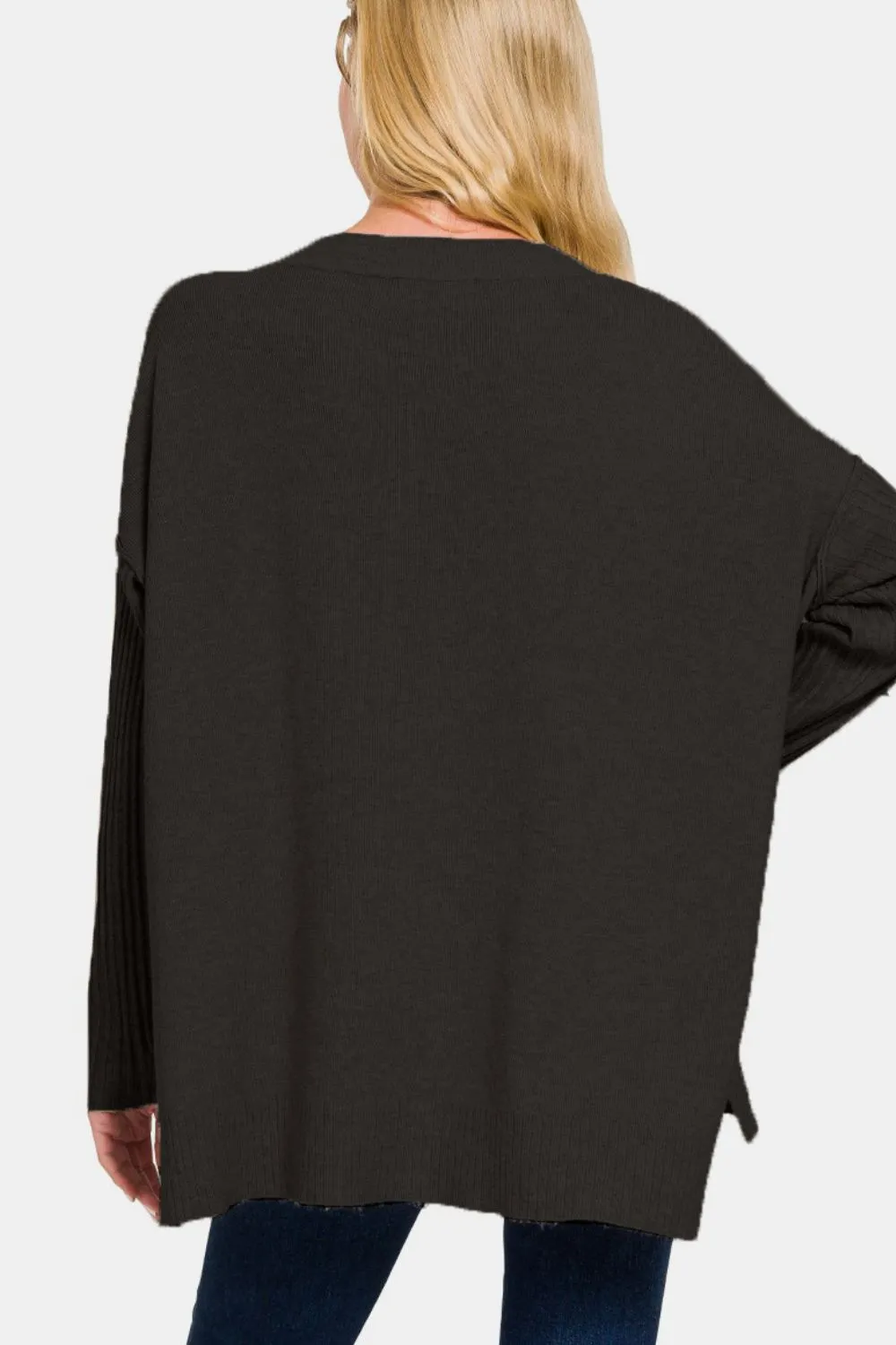 Shawna Black V-Neck Side Slit High-Low Sweater