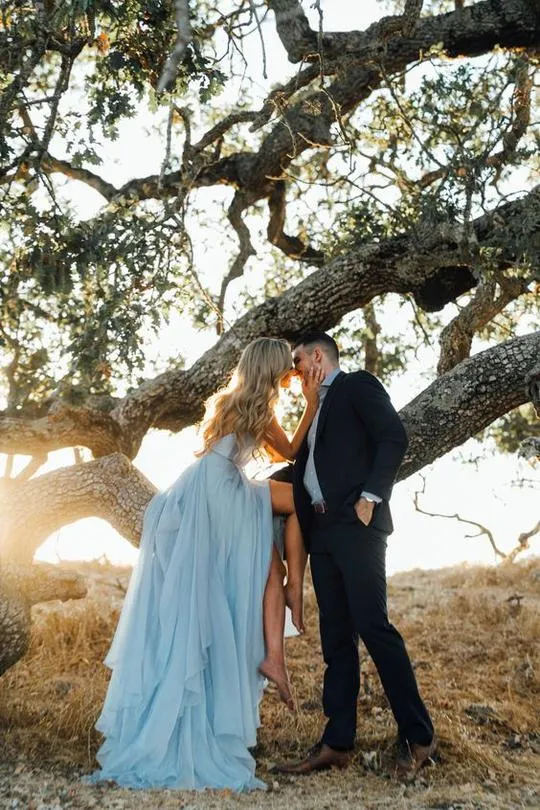 Simple Sleeveless V Neck Chiffon A Line Long Sky Blue Flowy Prom Dresses