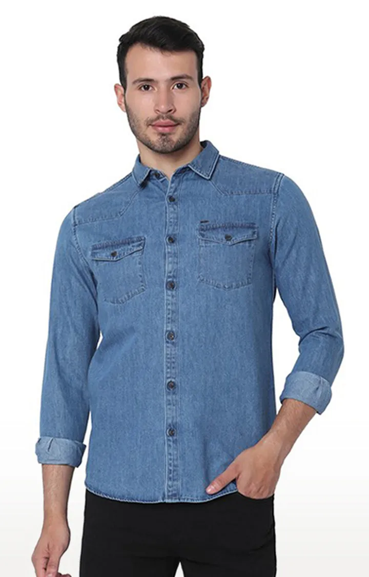 Spykar Men Blue Denim Cotton Full Sleeve Denim Shirts